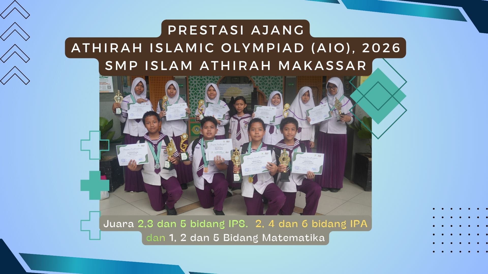 Juara 2,3 dan 5 bidang IPS.  2, 4 dan 6 bidang IPA dan 1, 2 dan 5 Bidang Matematika dalam  AJANG ATHIRAH ISLAMIC OLYMPIAD (AIO), 2026 SMP ISLAM ATHIRAH MAKASSAR